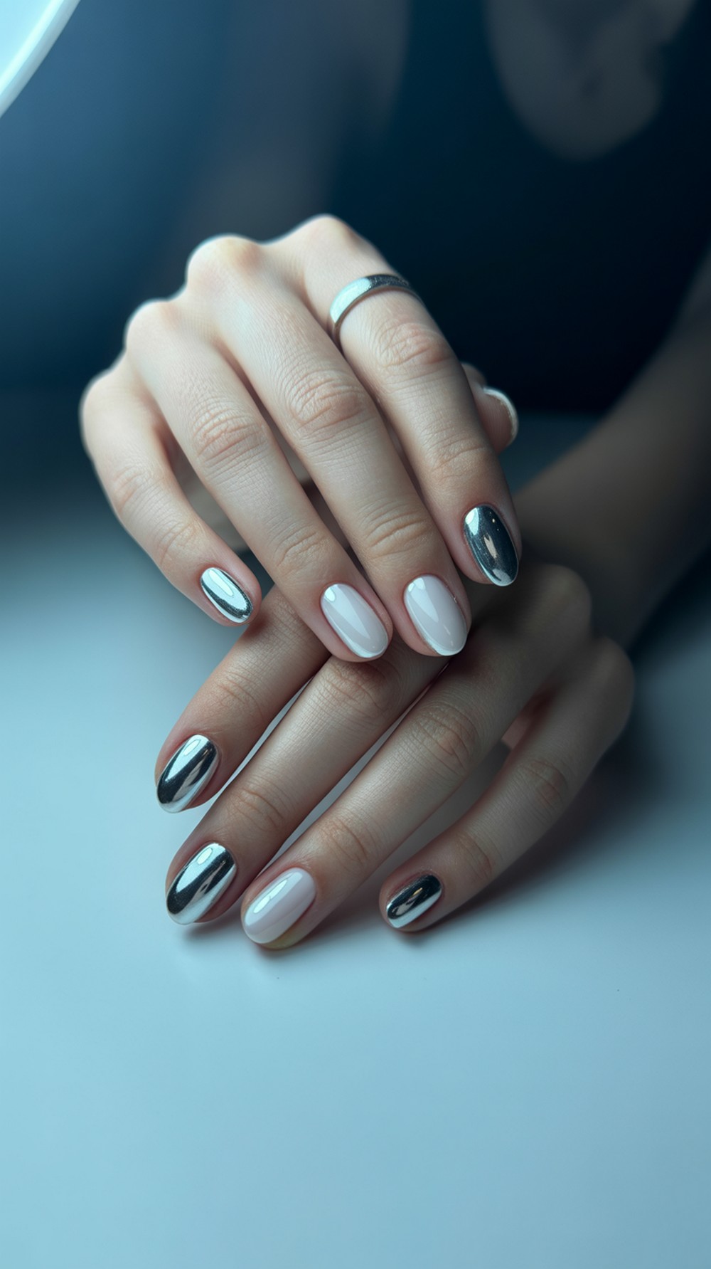 Silver Mirror Chrome & Aura Nails