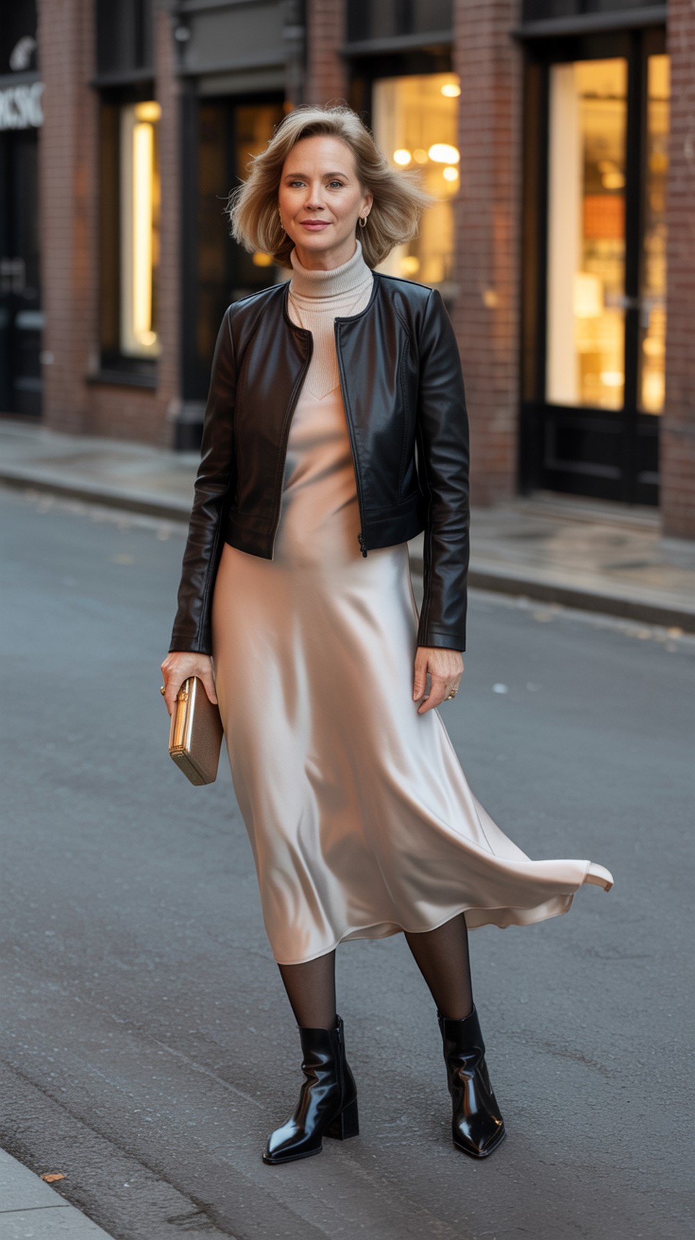Slip Dress Over Turtleneck + Moto Boots