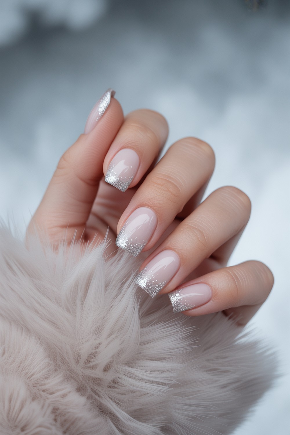 Snow Kissed Ombré Silver Sparkle French Tip Nails