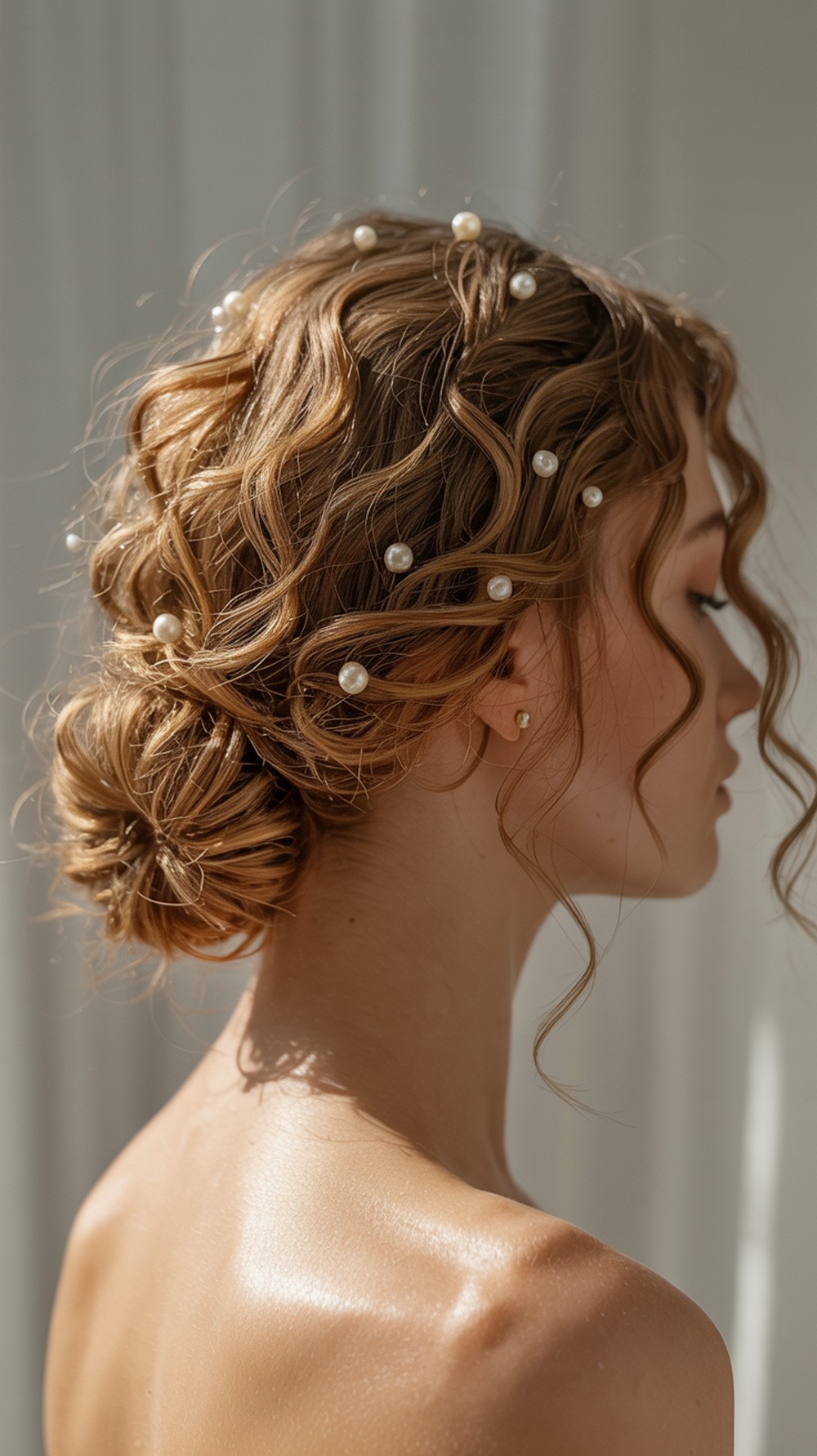 Soft Curly Updo with Pearls Prom Hairstyle