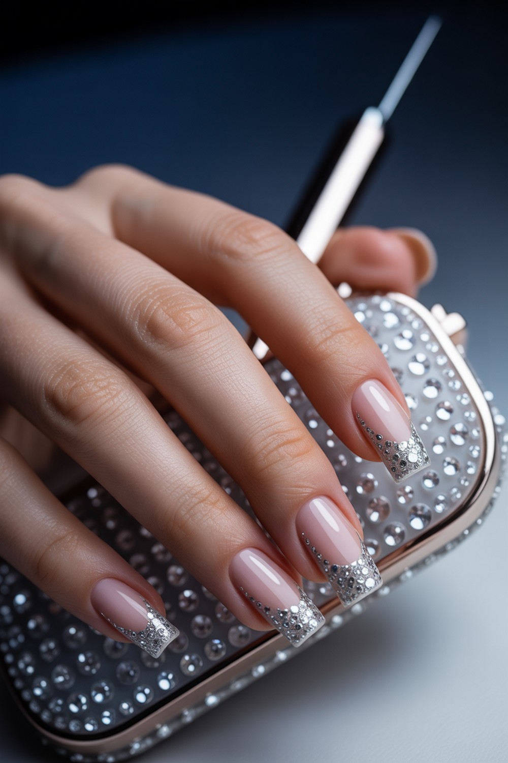 Studded Tip Line Silver Sparkle French Tip Nails