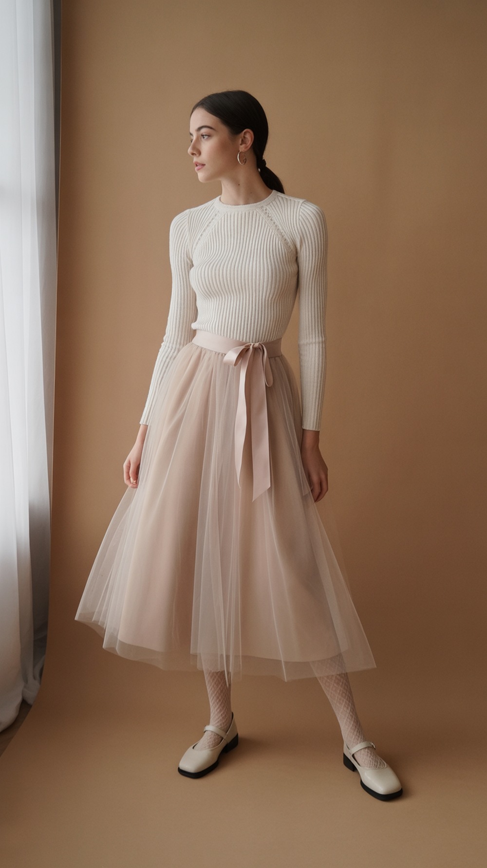 Tulle Midi + Fitted Knit with Ribbon Belt