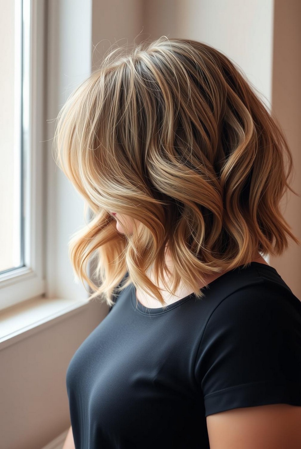 Wavy Italian bob hairstyle with lived in texture