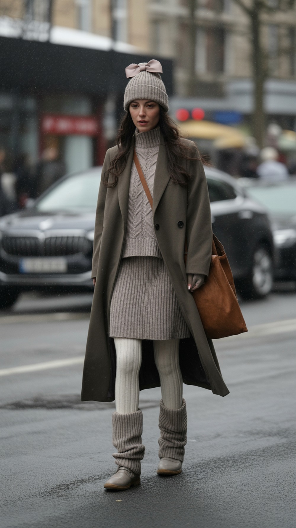 Winterized Balletcore Leg Warmers, Bow Beanie, Long Coat