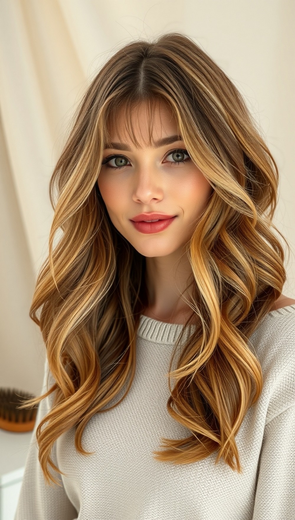 Airy Center Part Waves with Feathered Curtain Bangs