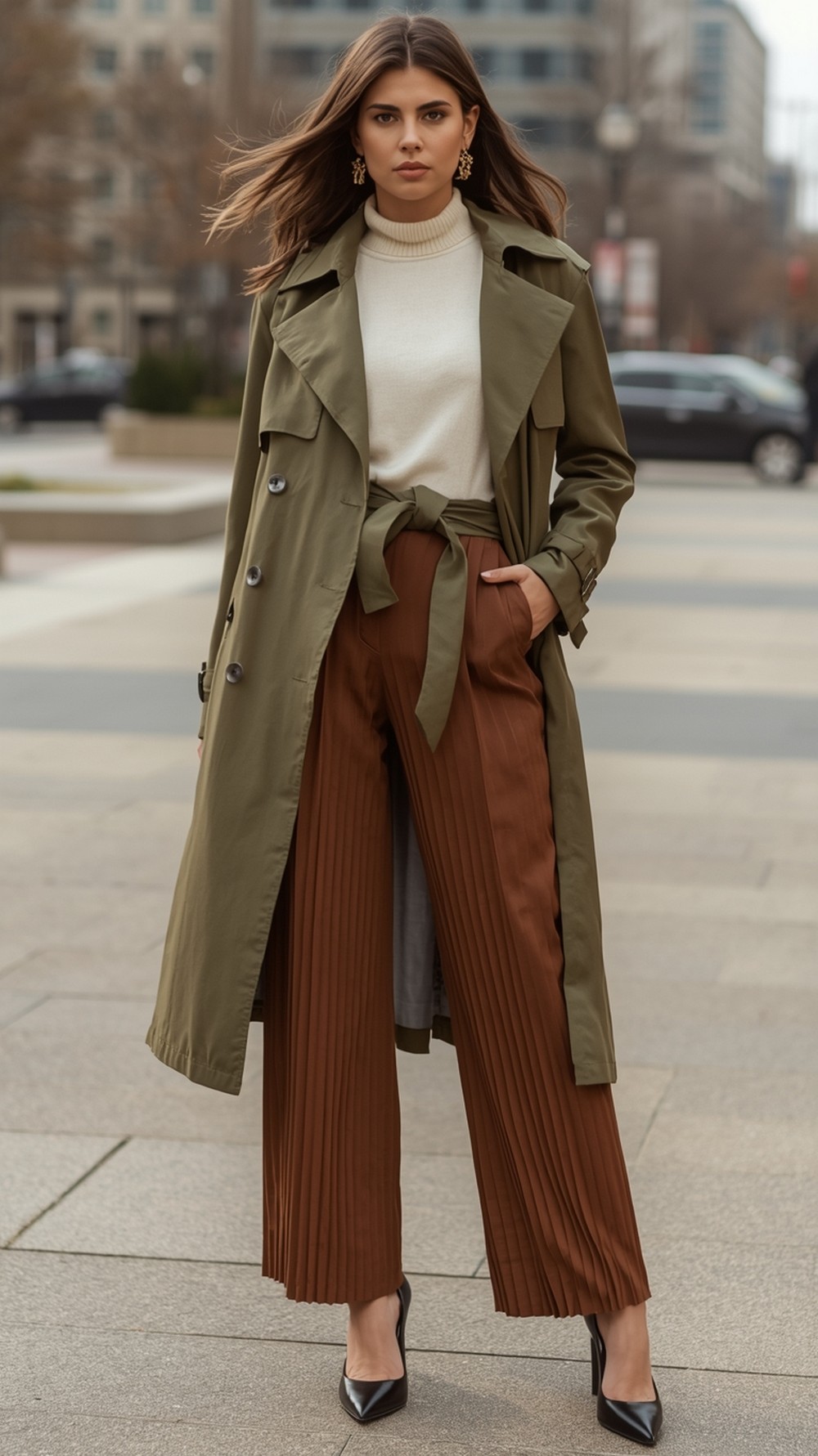 Belted Trench, High Waist Pleats