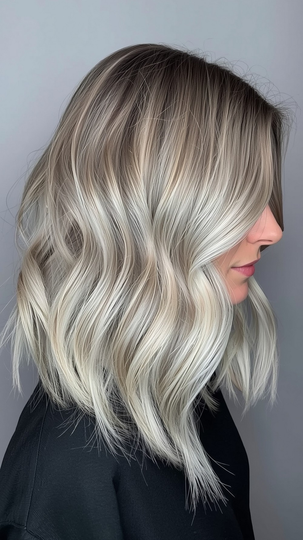 Blunt Lob Tousled Beach Waves with Pearl Balayage