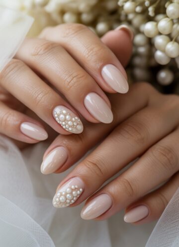Bridal Veil Glossy Nude Nails with Tiny Pearl Accents