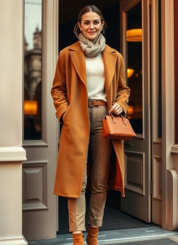 Camel Longline Coat with Sand Layers and Suede Accents