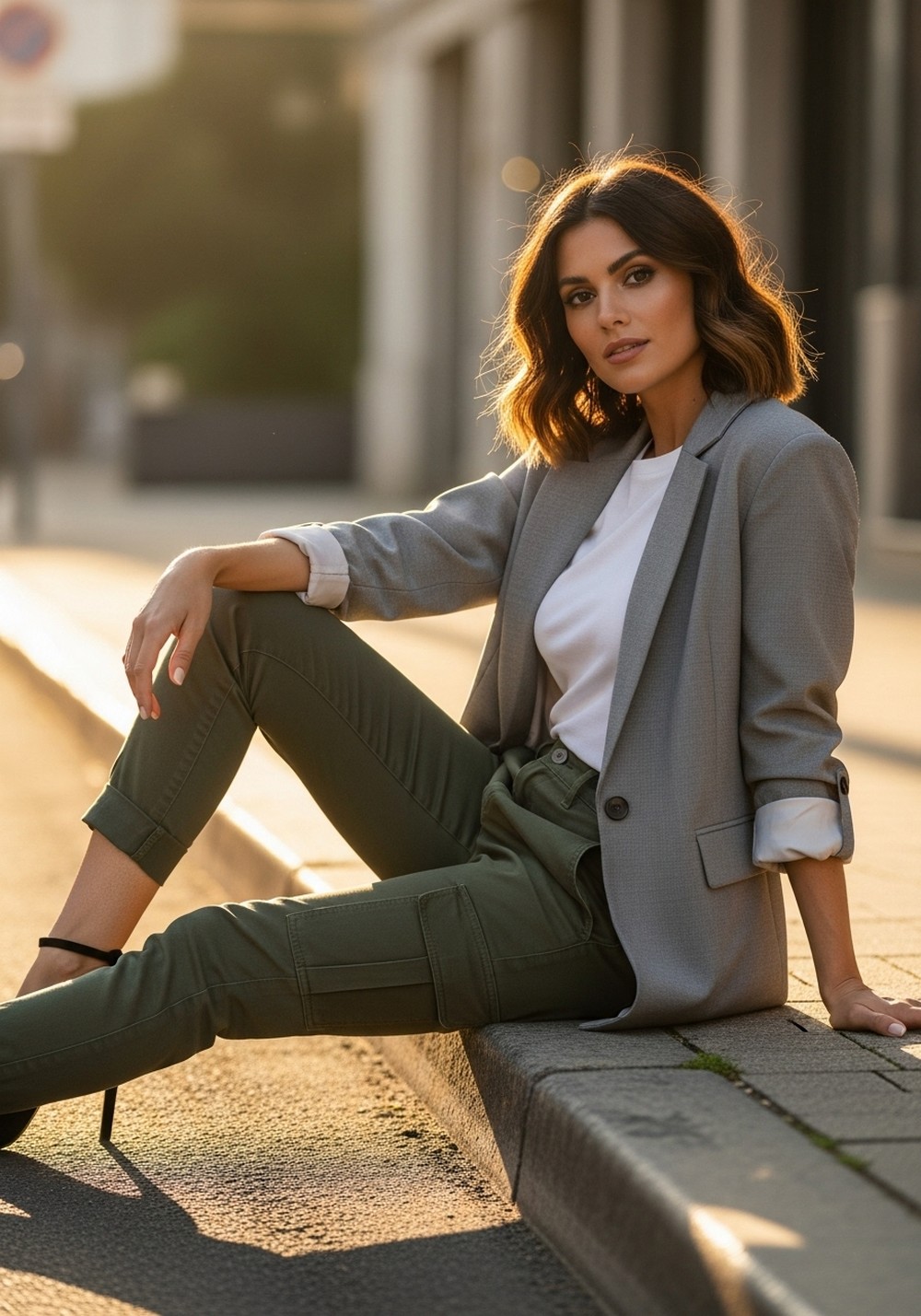 Cargo Pants, Fitted Tee, Heeled Sandals