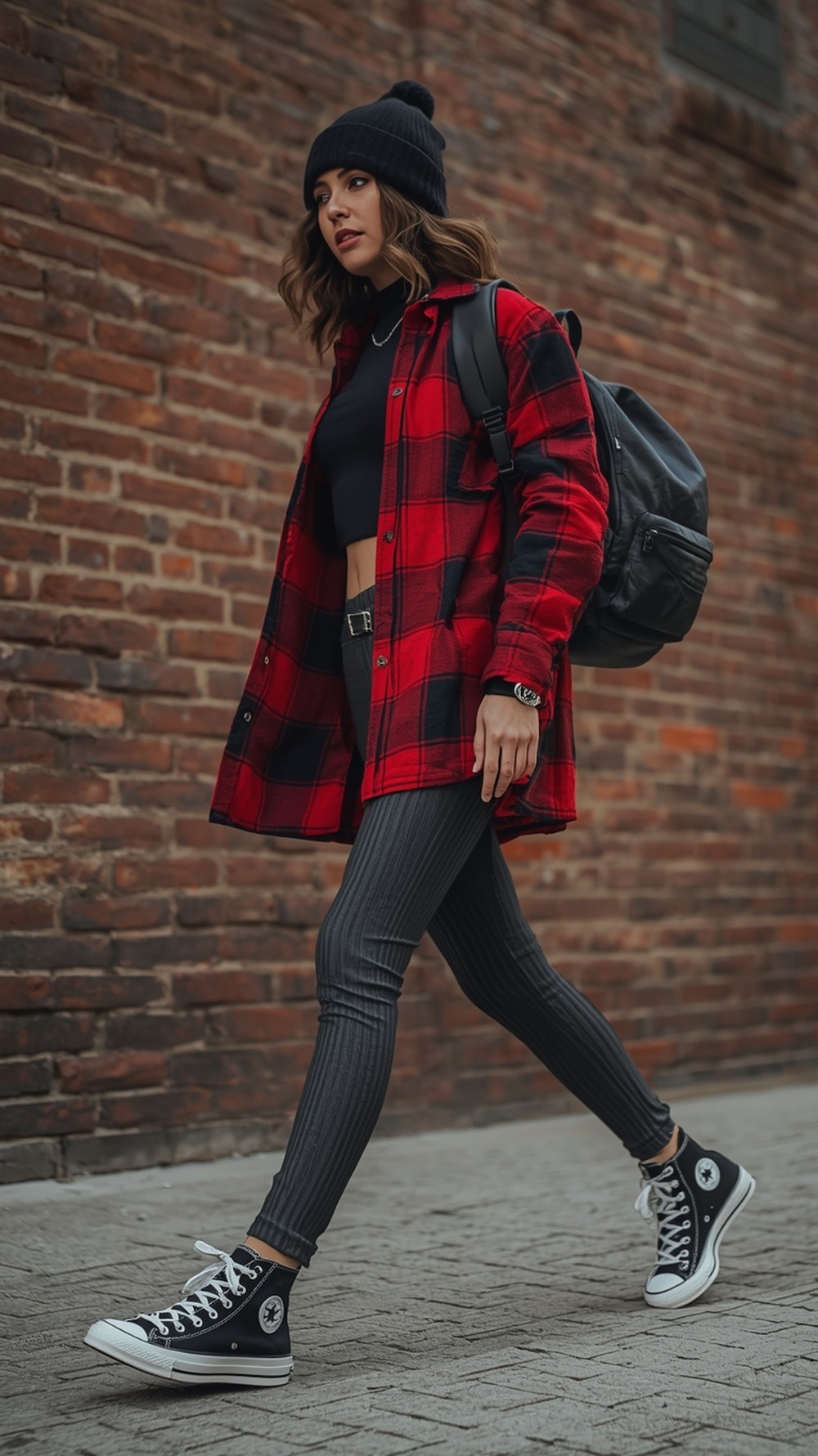 Charcoal Ribbed Leggings with Red Buffalo Plaid Overshirt