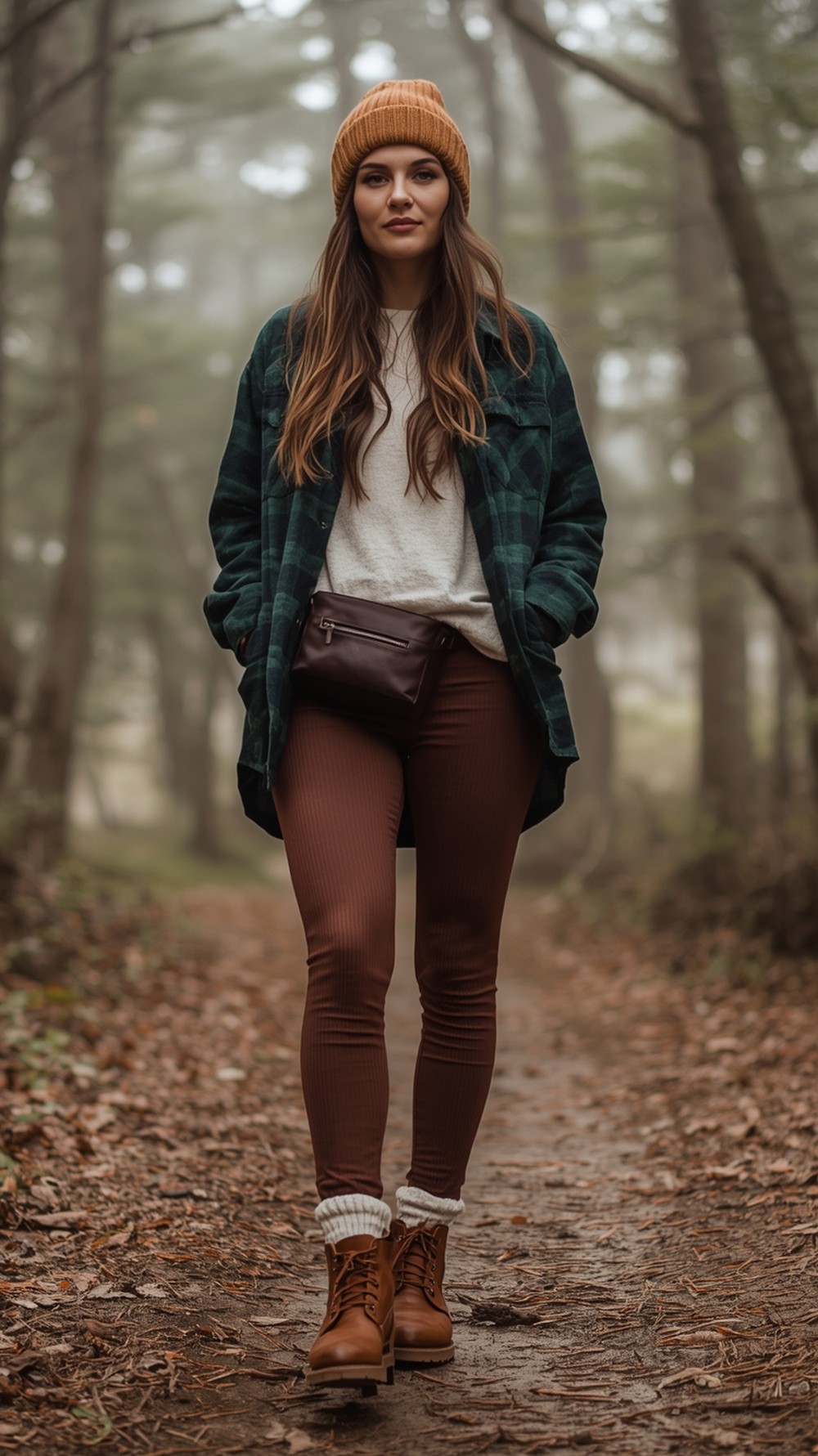 Chocolate Ribbed Leggings with Forest Plaid Overshirt