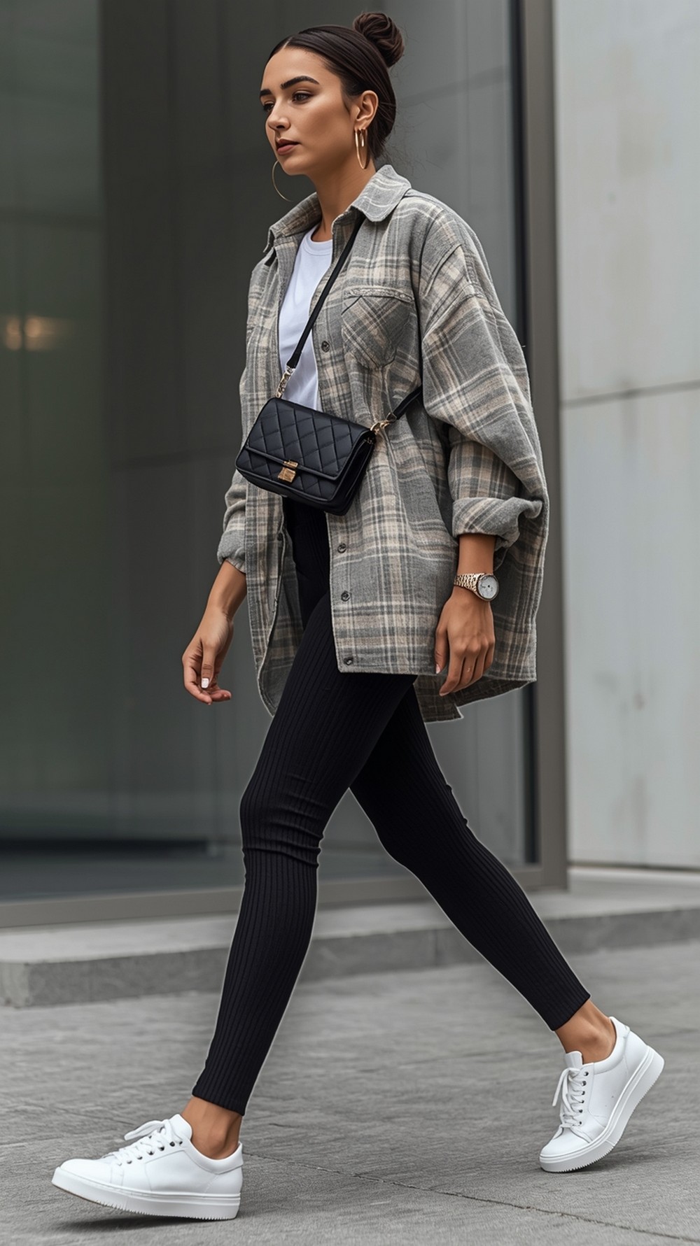 Classic Black Ribbed Leggings with Neutral Plaid Overshirt