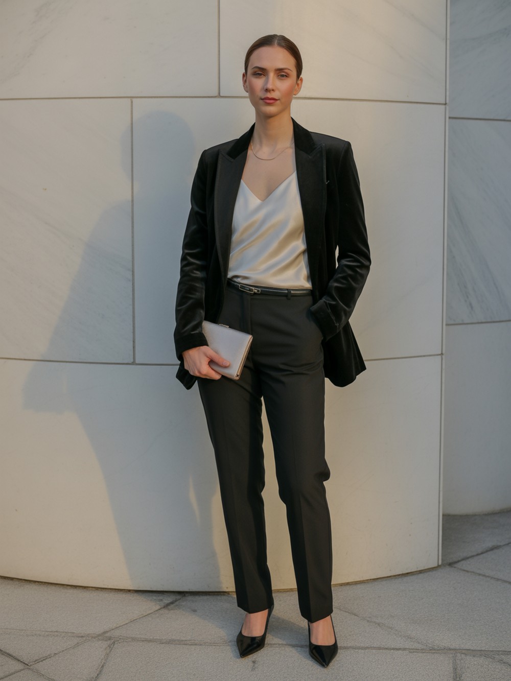 Classic Black Velvet with Ivory Cami and Straight Trousers