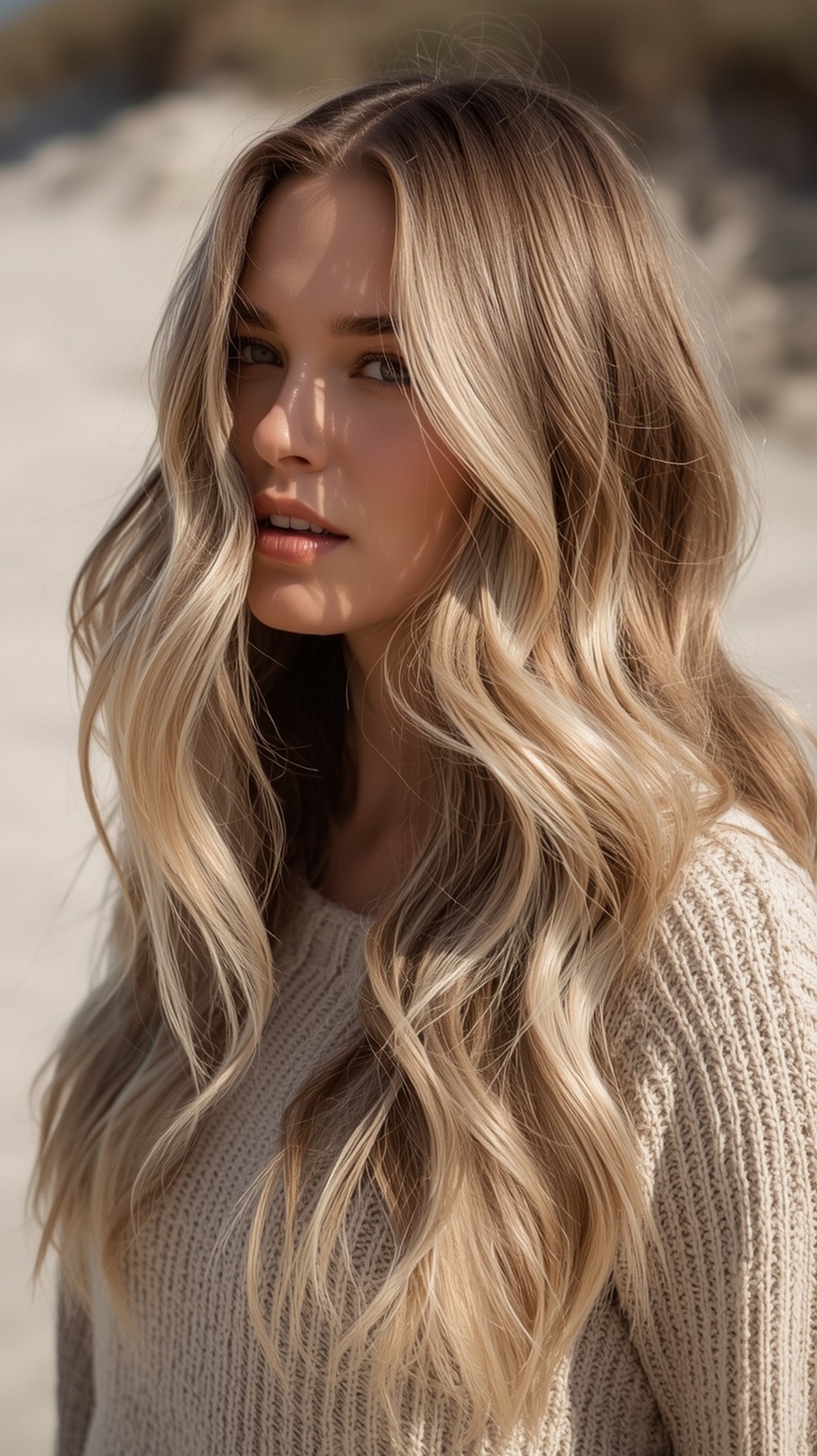 Classic Tousled Beach Waves with Soft Sand Balayage