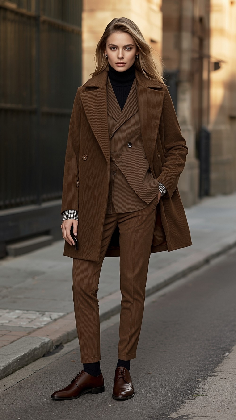 Corduroy suit, fine turtleneck, and a peacoat