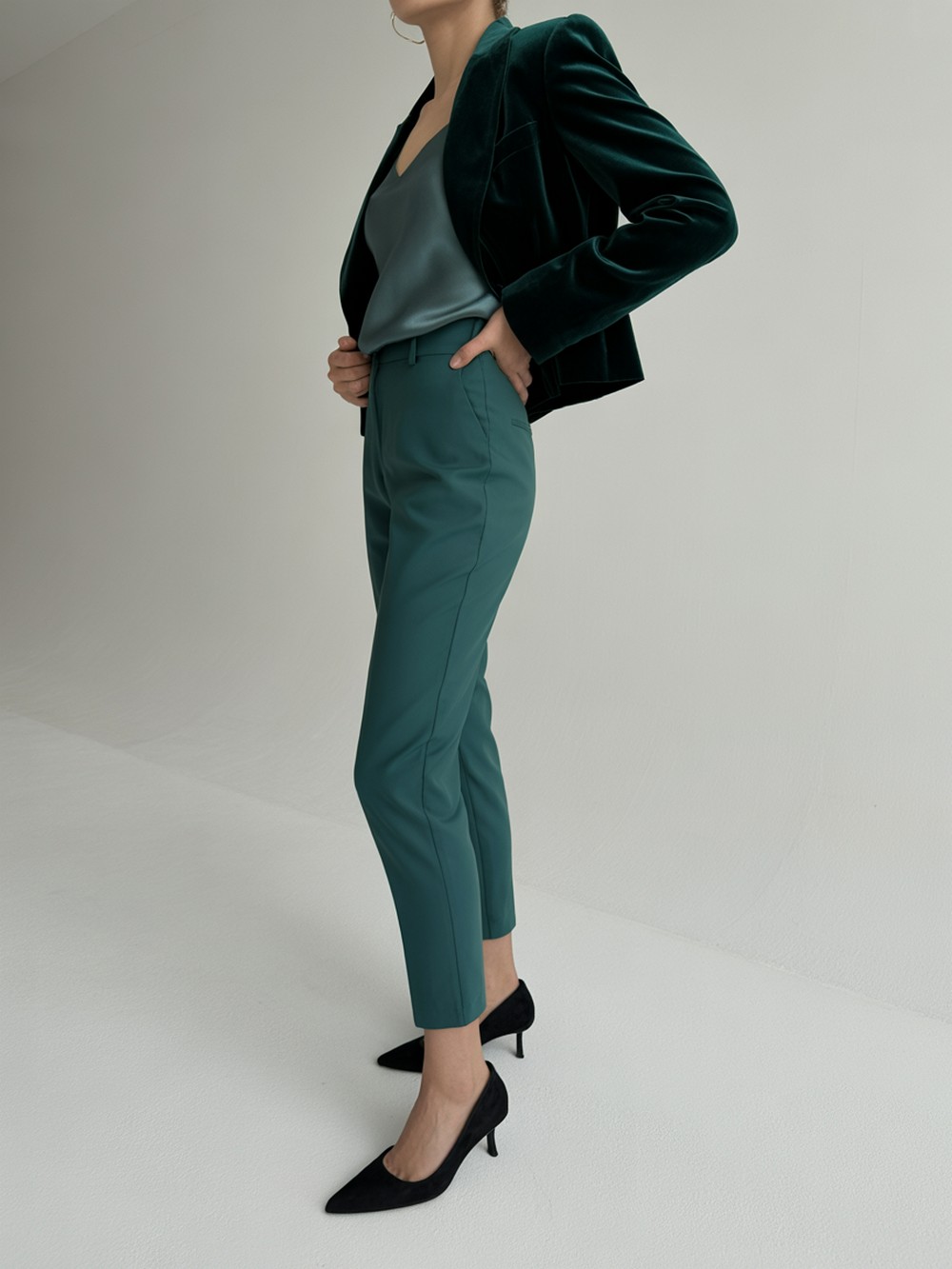 Cropped Velvet Blazer with Tapered Cigarette Pants