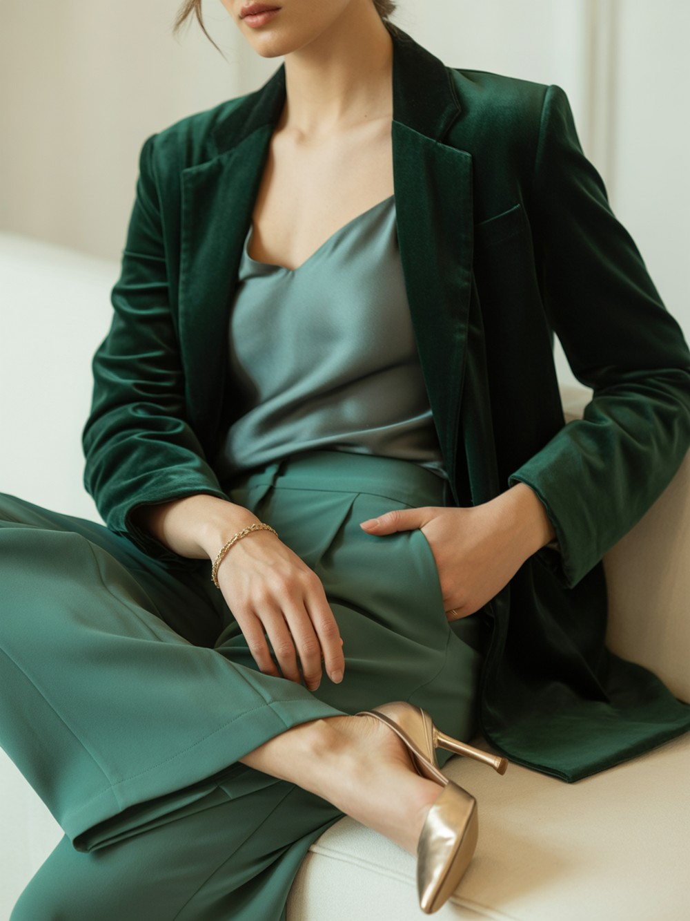 Deep Jewel Velvet with Tonal Cami and Wide Legs