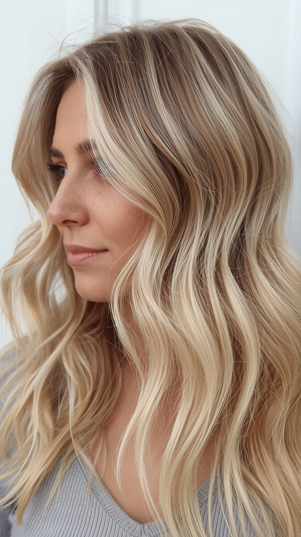 Fine Hair Tousled Beach Waves with Feathered Balayage