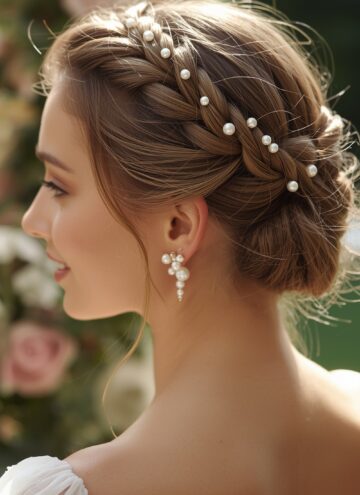 French Braid Crown Updo with Pearl Pin Clusters
