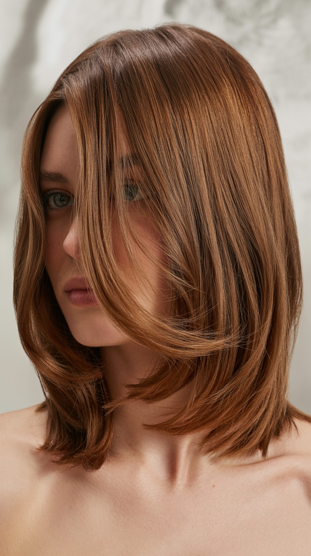 Glossy Mocha Brunette Layers with Curtain Bangs