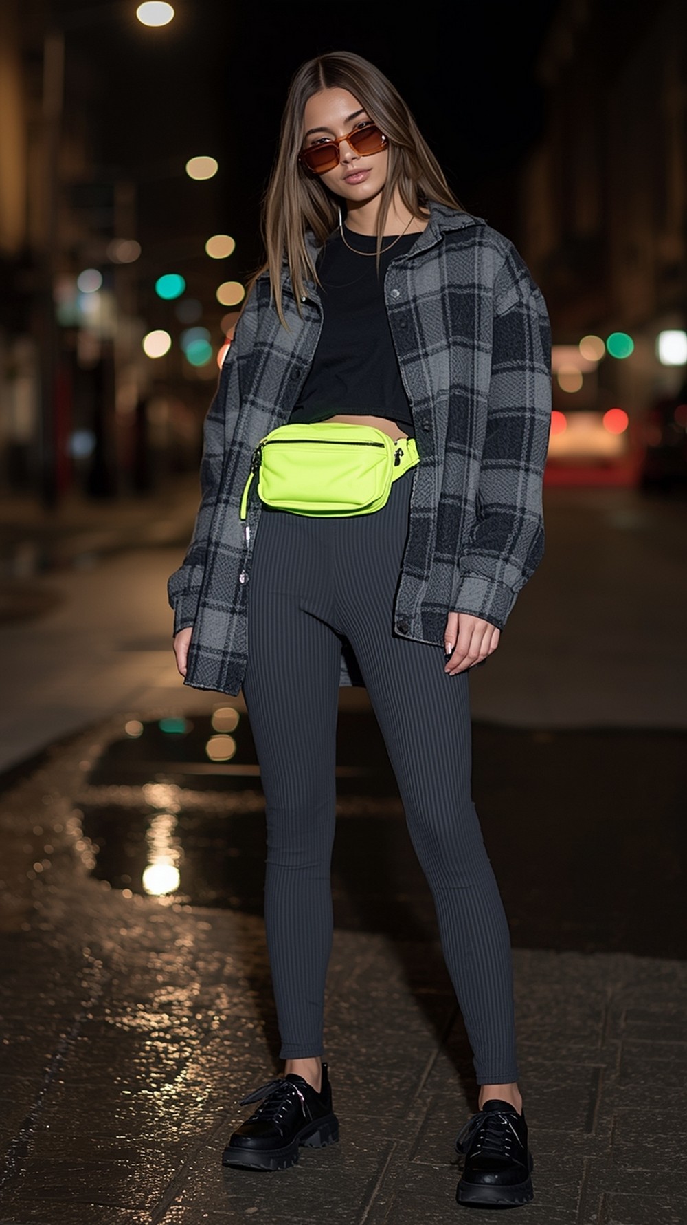 Graphite Ribbed Leggings with Neon Accent Plaid Overshirt