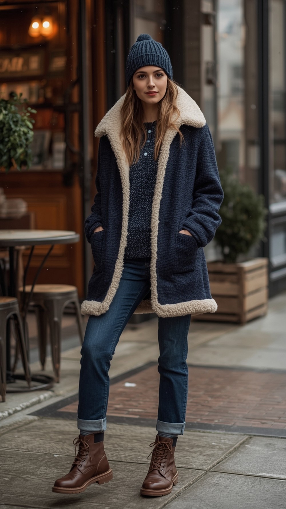 Henley, relaxed cardigan, and a shearling jacket