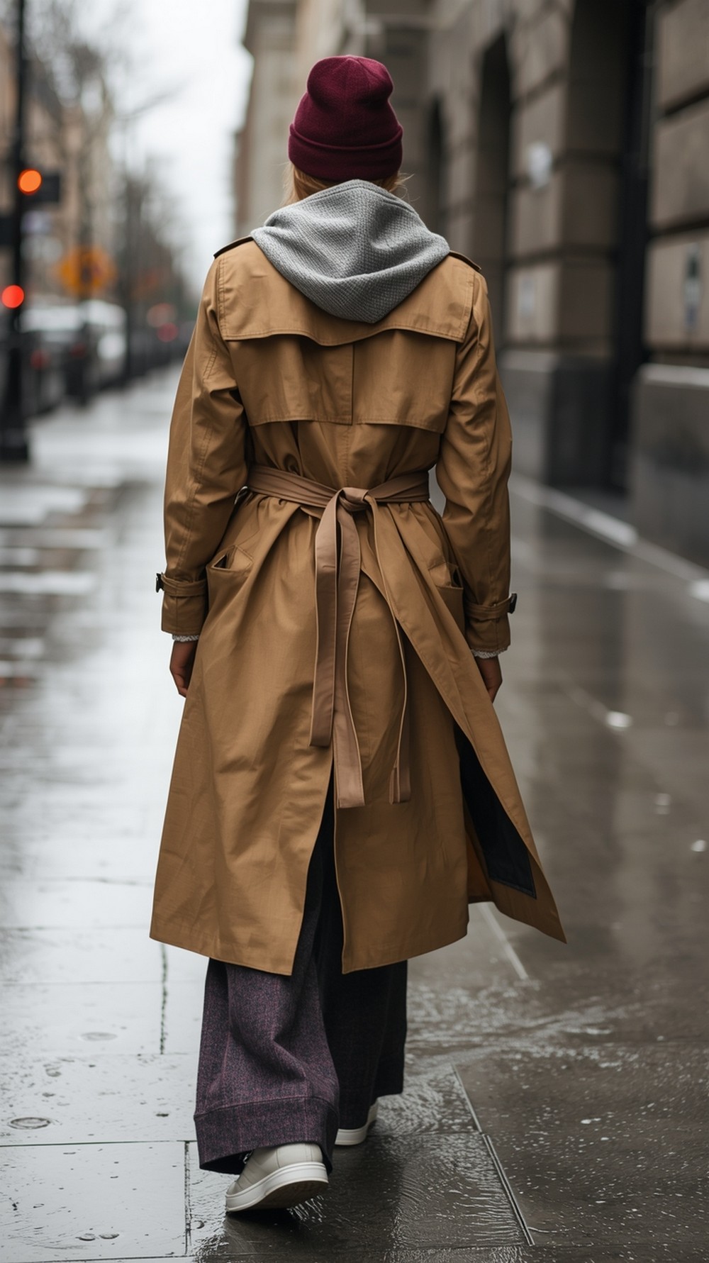 Hoodie under trench with beanie and wide leg trousers