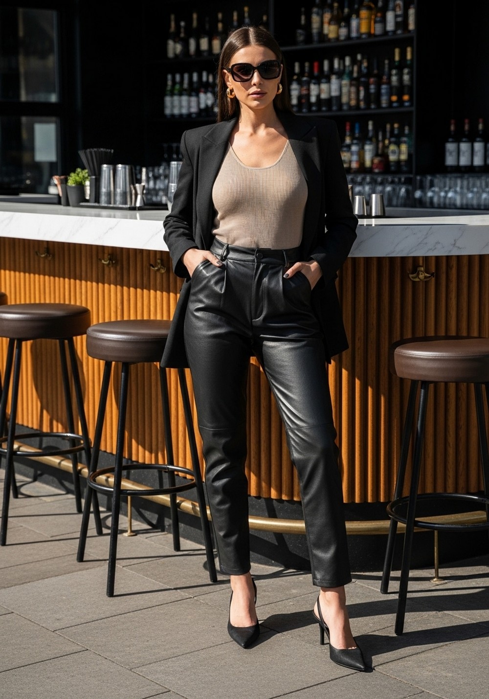 Leather Pants, Ribbed Tank, Slingbacks