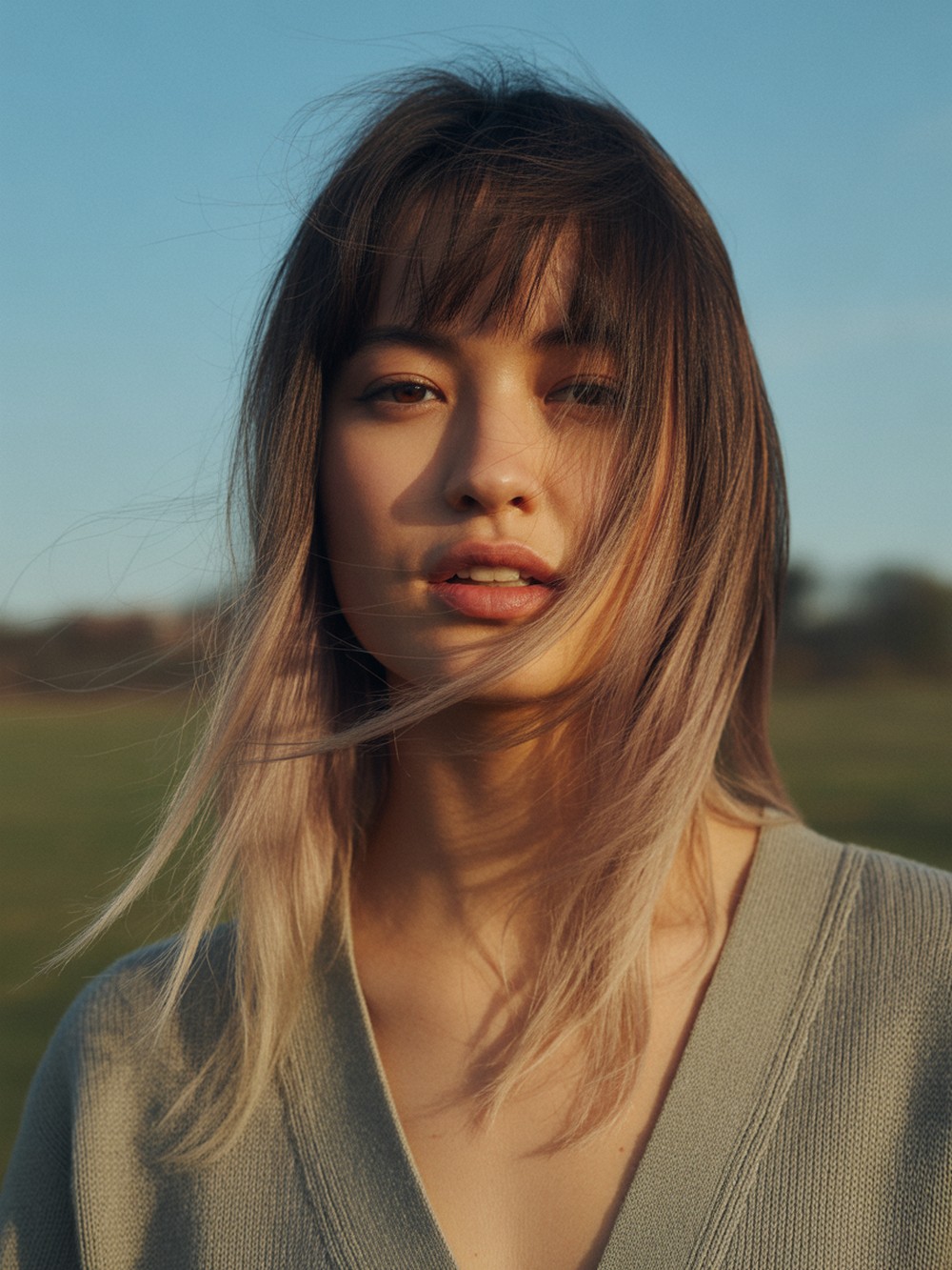 Long Wolf Cut with Curly Curtain Bangs