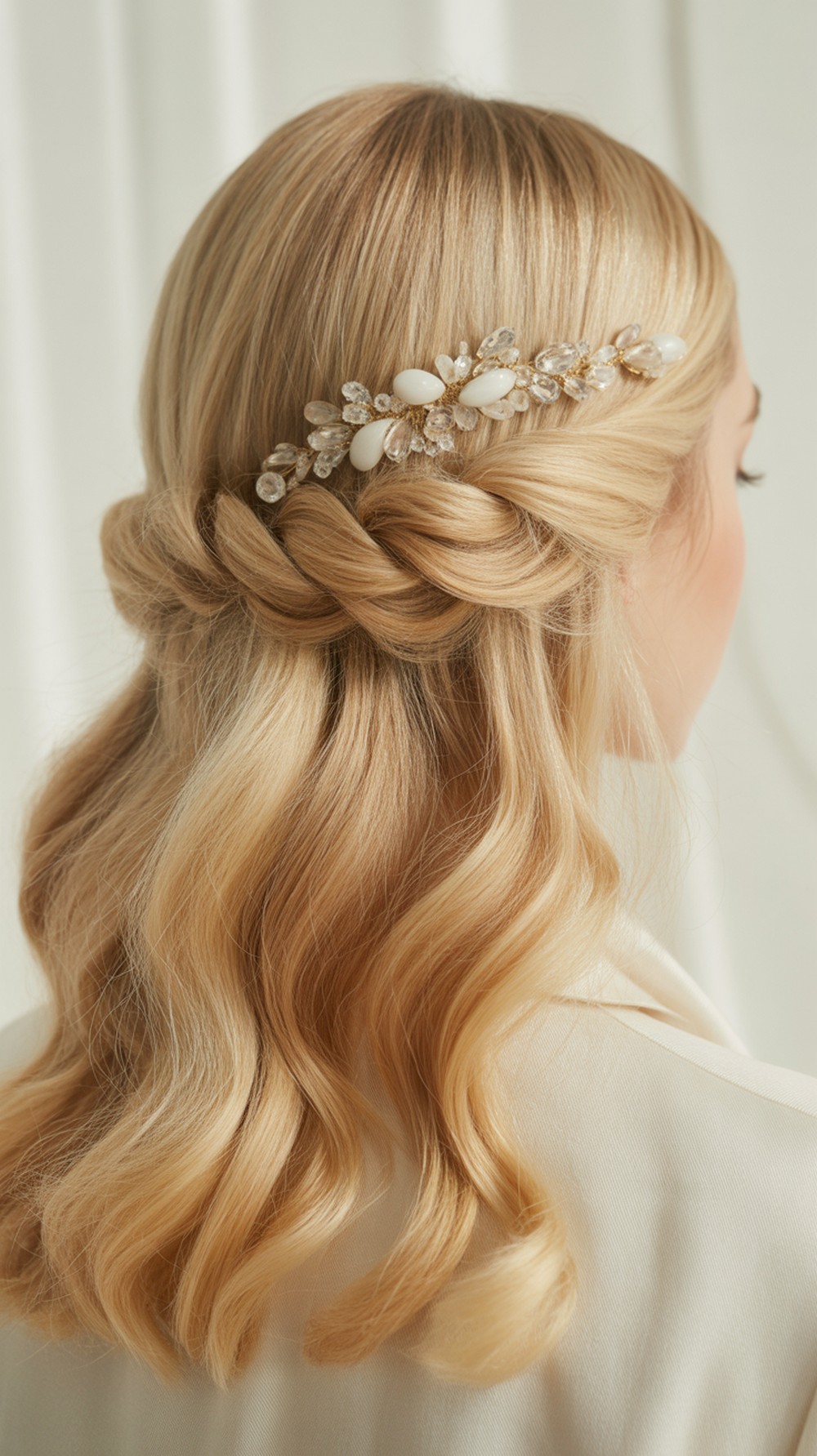 Low Veil Ready Half Up Twisted Waves Hairstyle