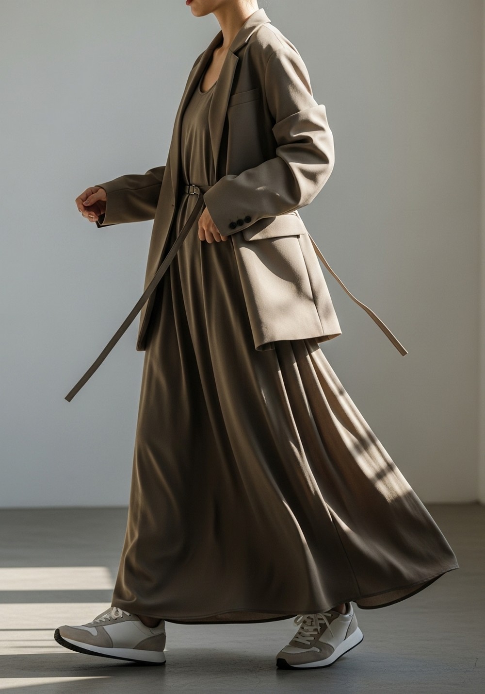 Maxi Dress, Belted Blazer, Sneakers