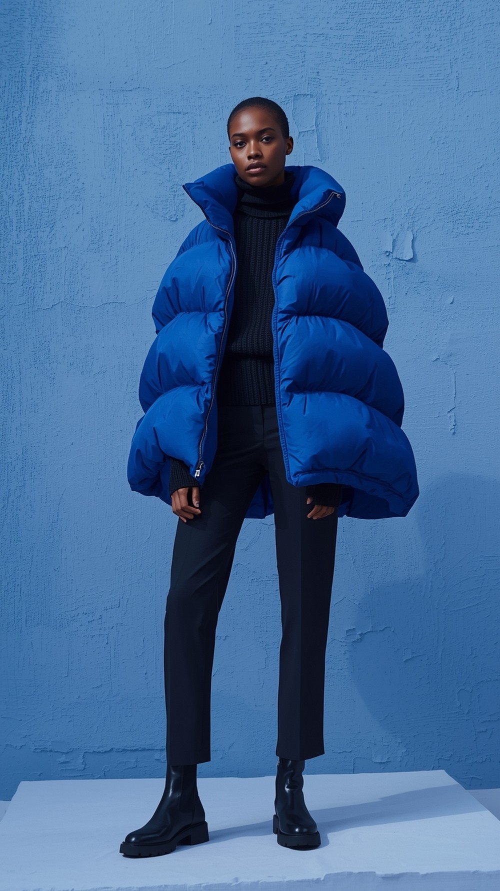 Monochrome knit stack with a puffer cape