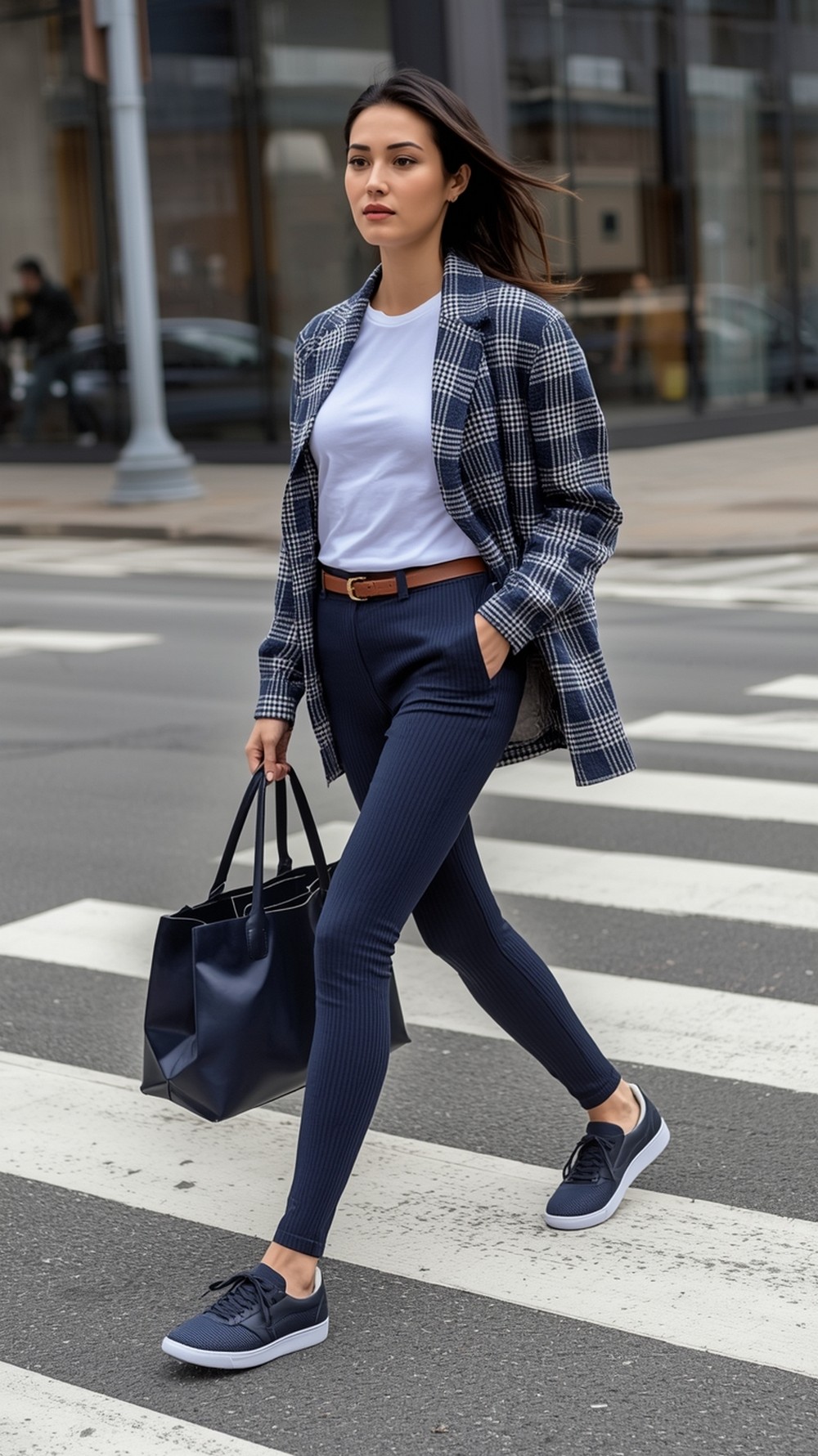 Navy Ribbed Leggings with Blue and White Plaid Overshirt