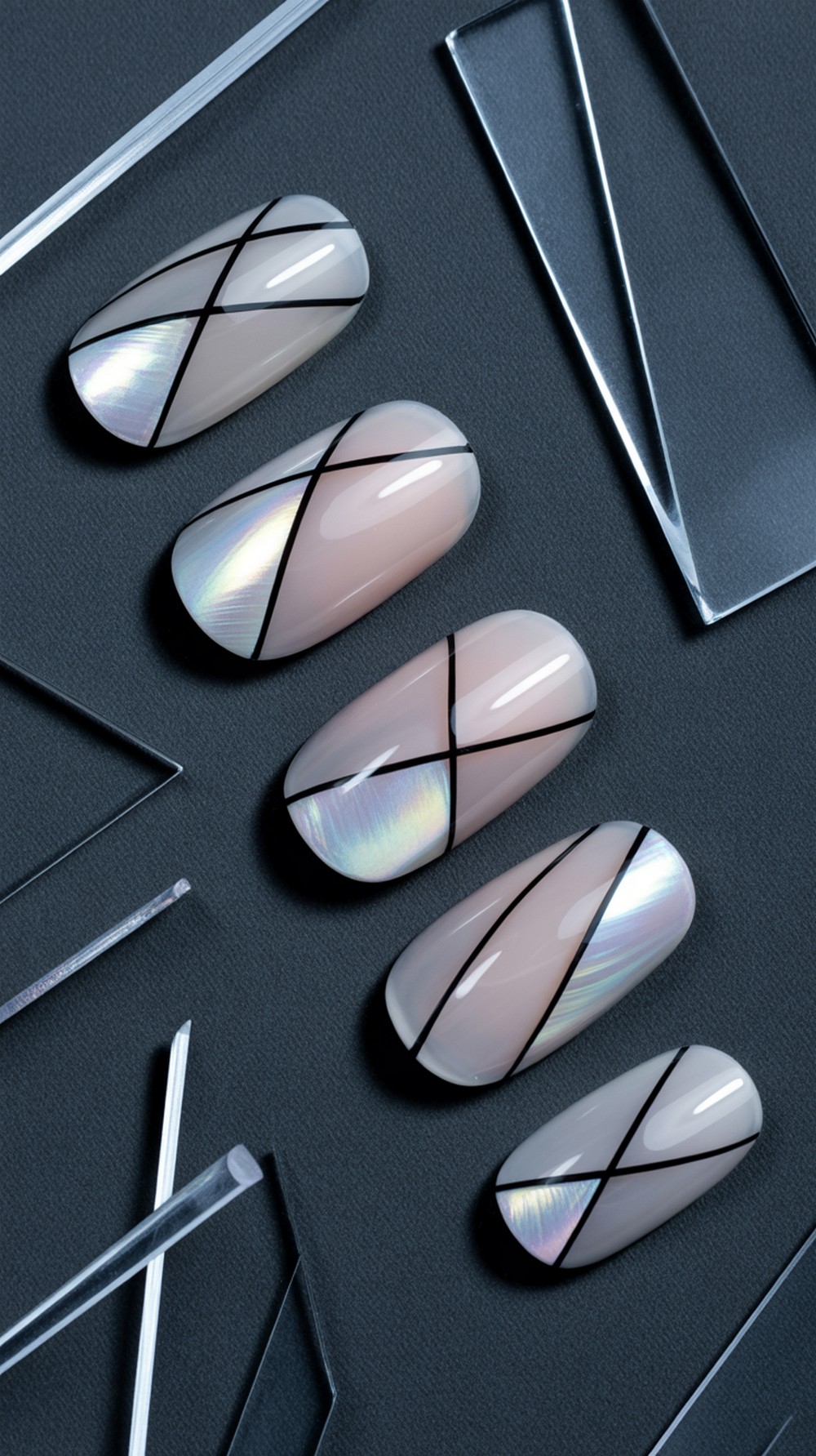 Negative Space Lines Crystal Clear Nails with Iridescent Sparkle