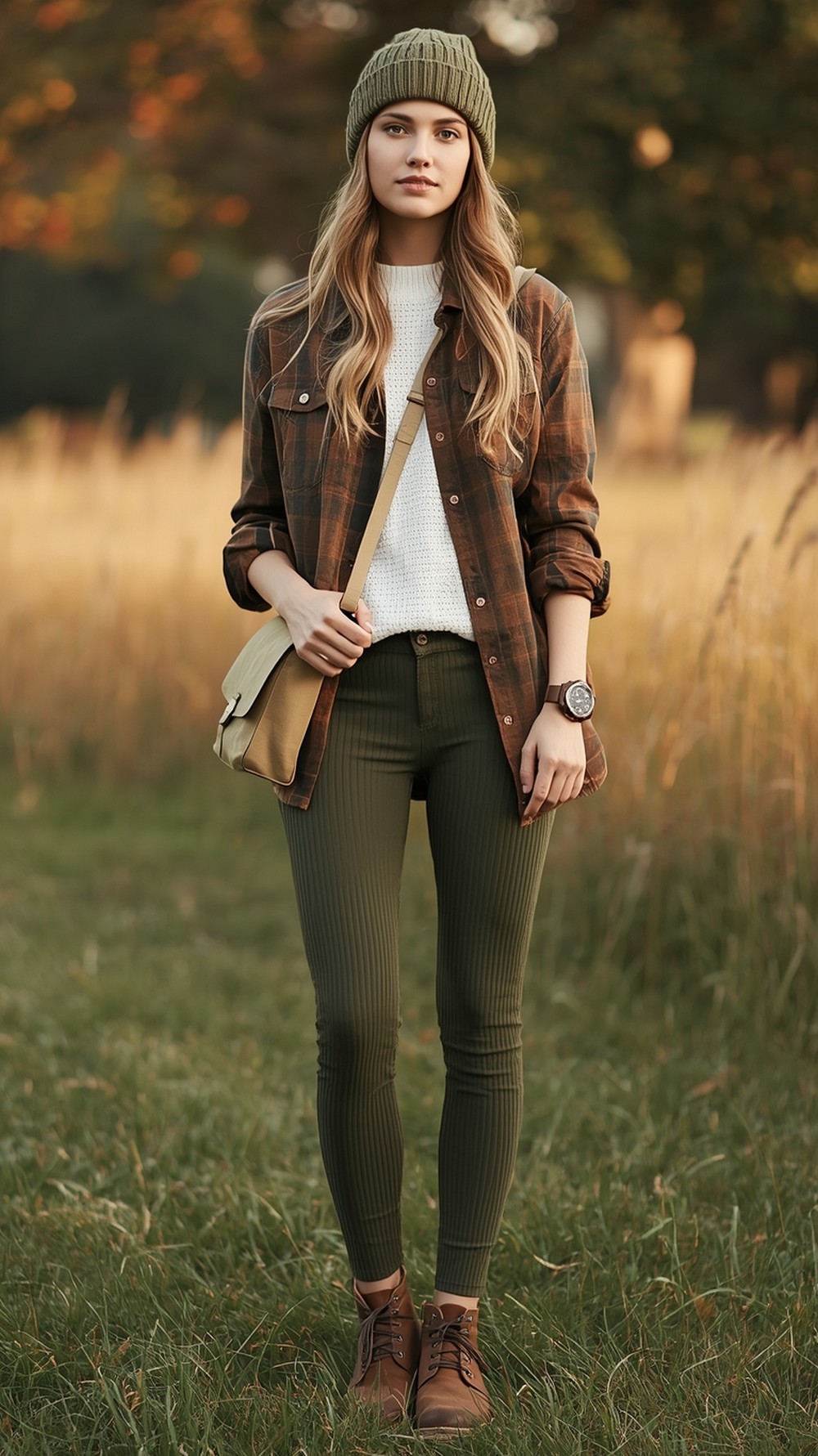 Olive Ribbed Leggings with Tan Micro Plaid Overshirt
