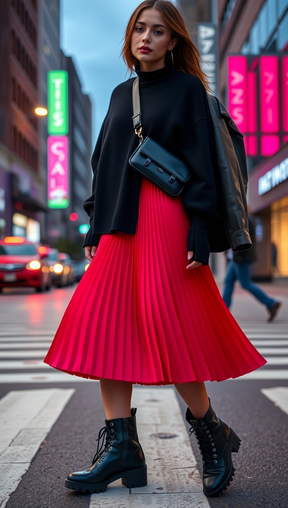 Oversized Crewneck with Color Block Pleats and Combat Boots