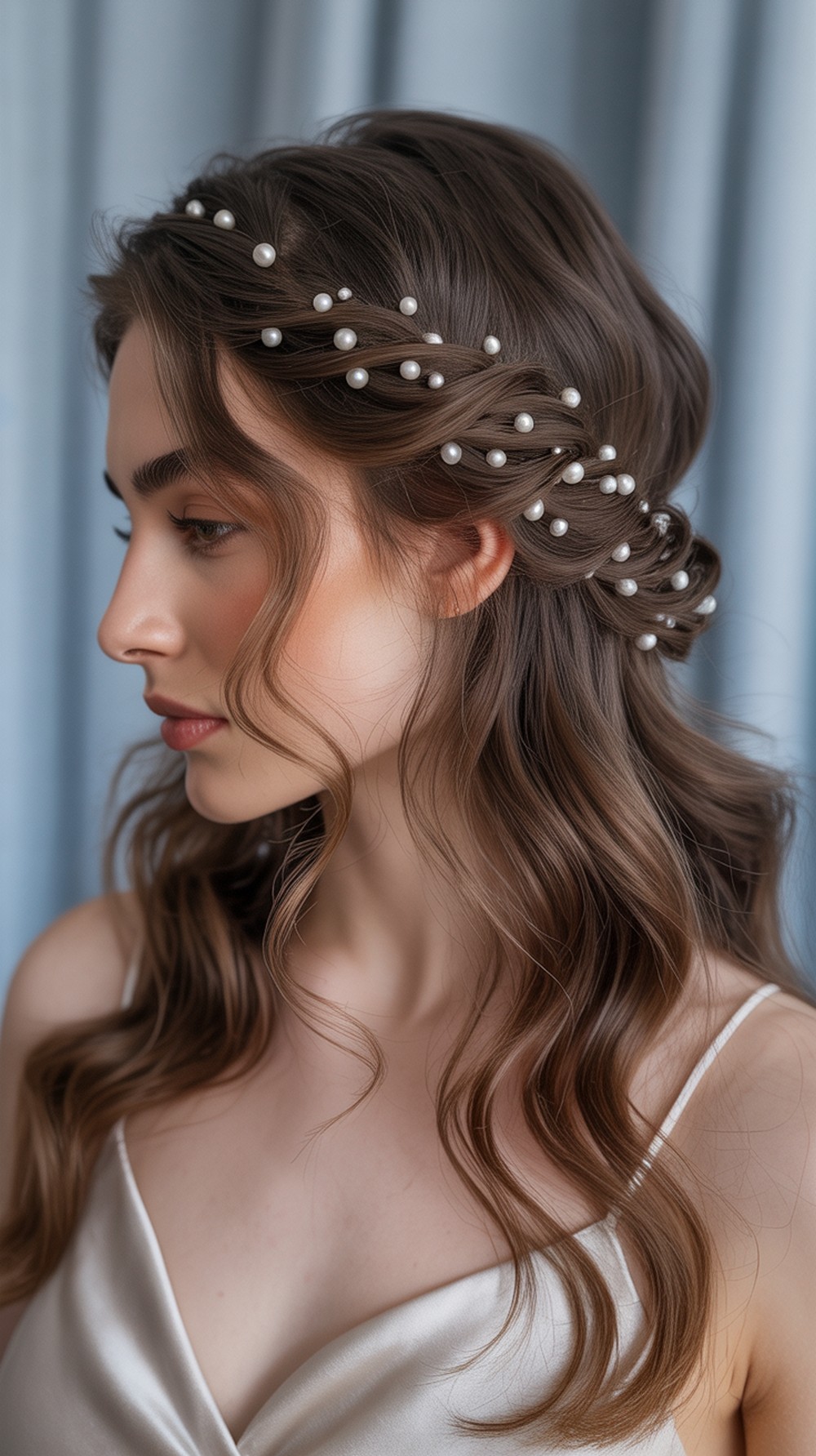 Pearl Pinned Half Up Twisted Waves Hairstyle
