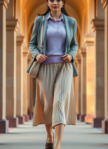 Polo Collar Knit with Micro Pleats and Mary Janes