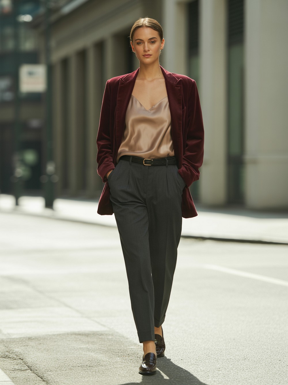 Relaxed Velvet with Pleated Trousers and Loafers