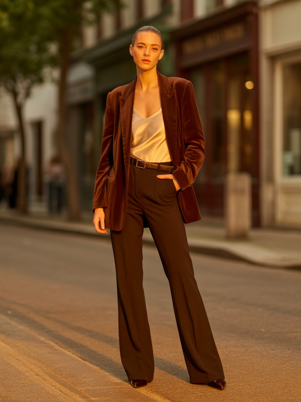 Rich Brown Velvet with Belted High Rise Flares