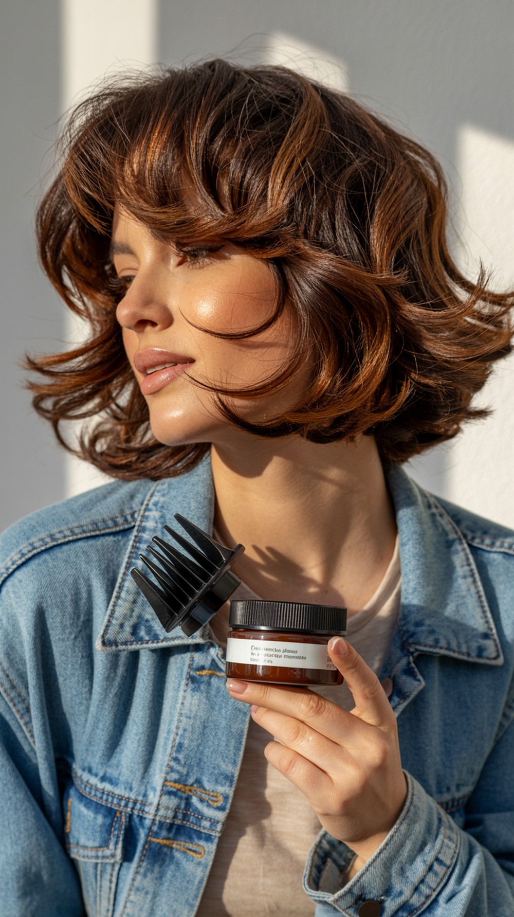 Shoulder Length Lob with Glossy Mocha Brunette Layers