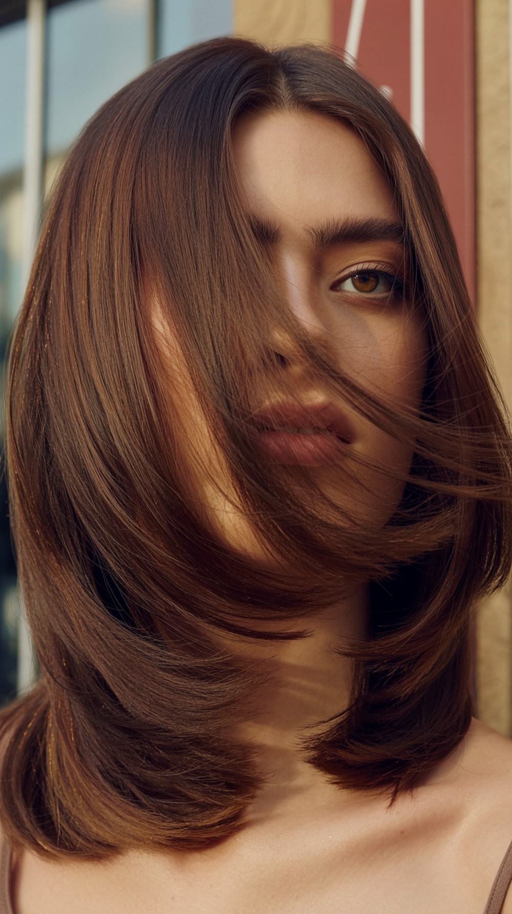 Side Part Glossy Mocha Brunette Layers