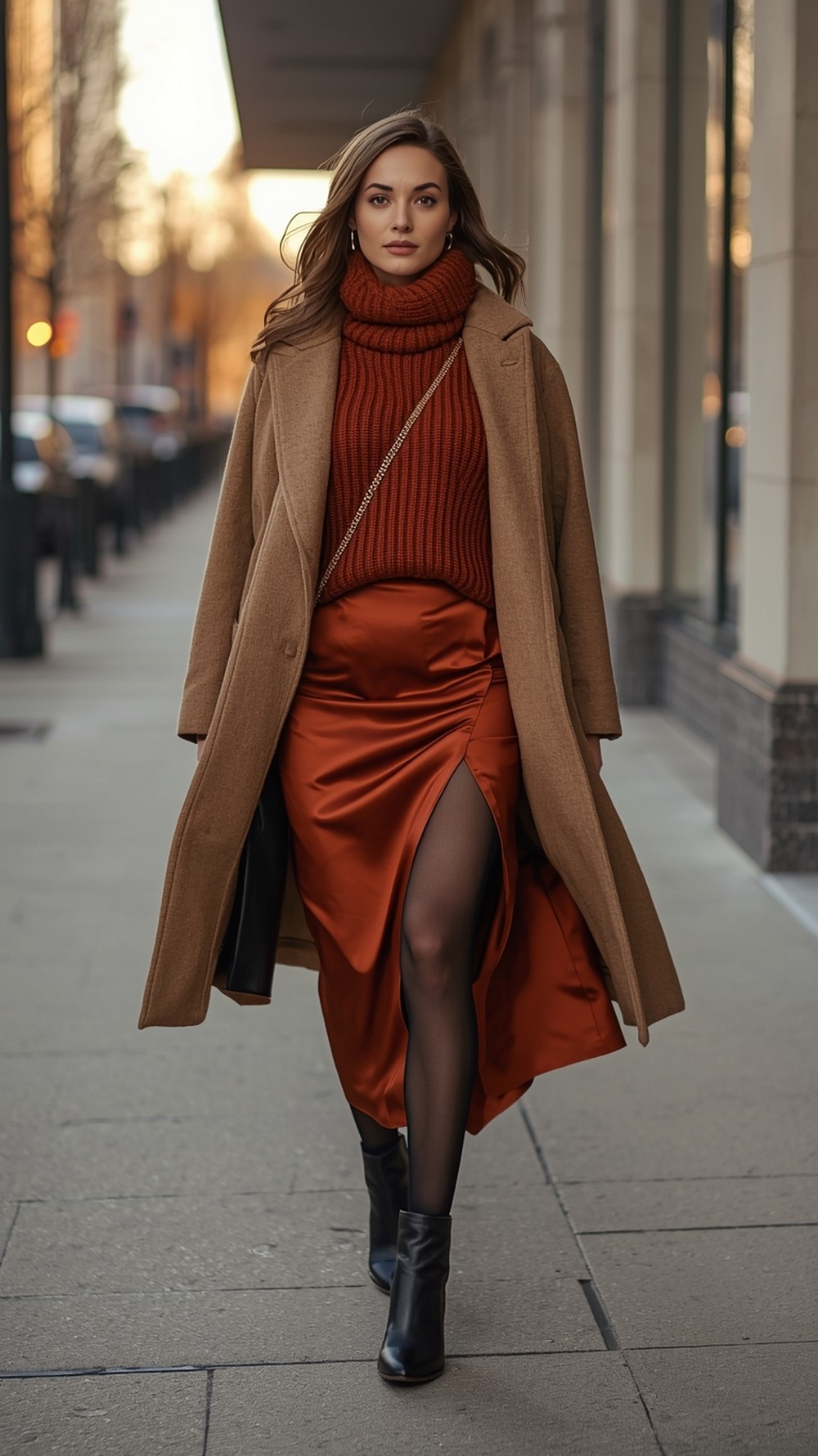 Slip skirt, chunky sweater, and a longline coat