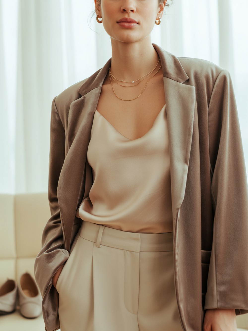 Soft Neutrals Taupe Velvet, Champagne Cami, Ecru Trousers