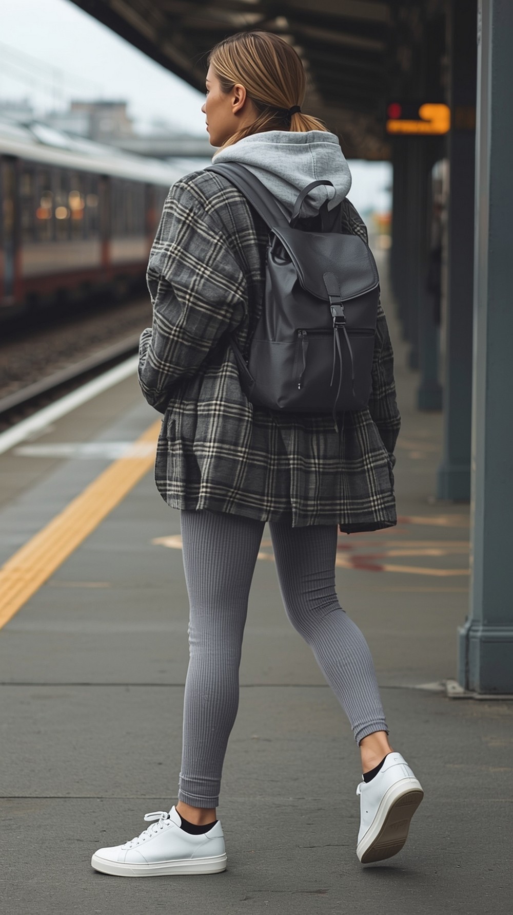 Stone Ribbed Leggings with Plaid Shacket Overshirt