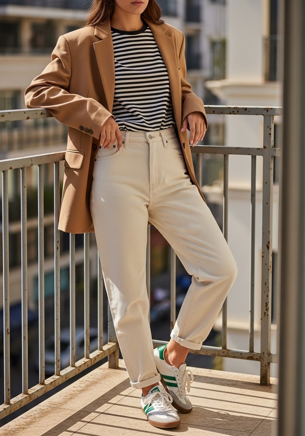 Striped Tee, Ecru Jeans, Retro Sneakers