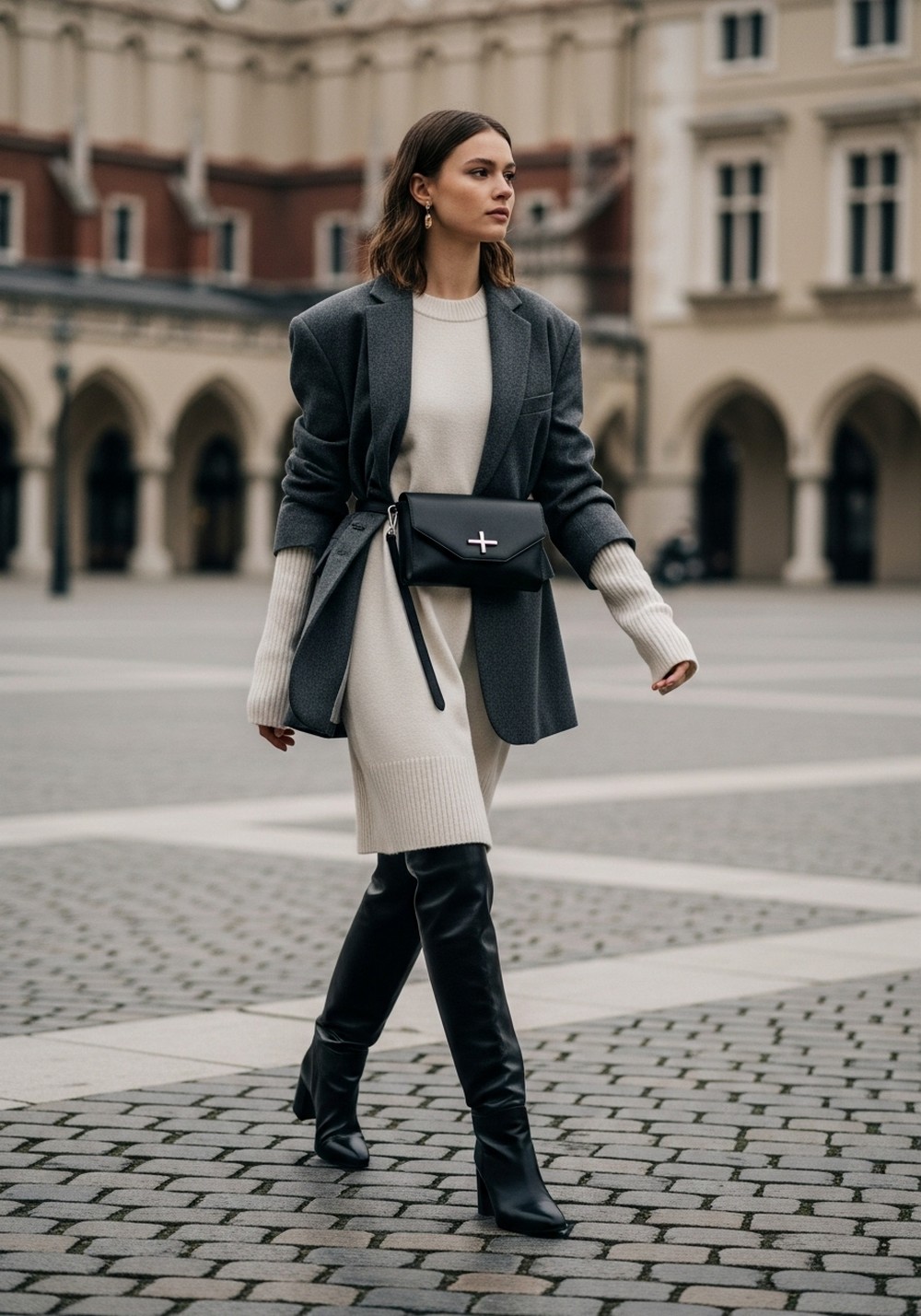 Sweater Dress, Blazer, Knee Boots
