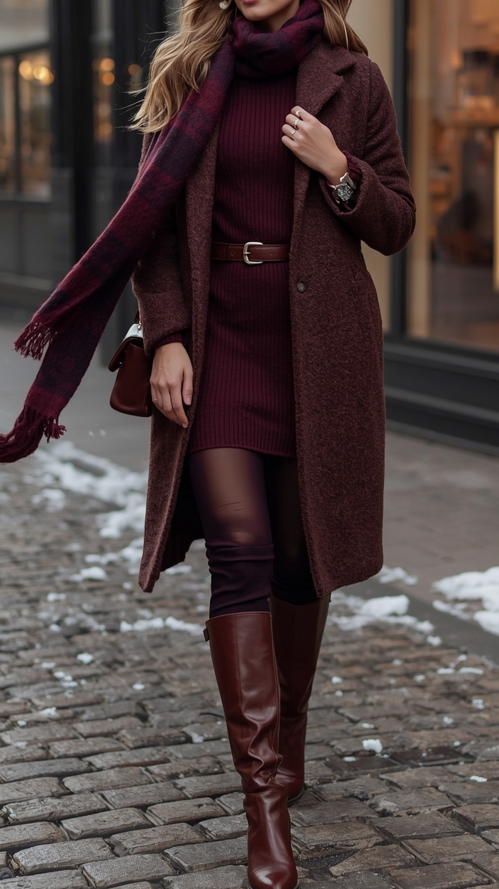Sweater dress, belted coat, and tall boots