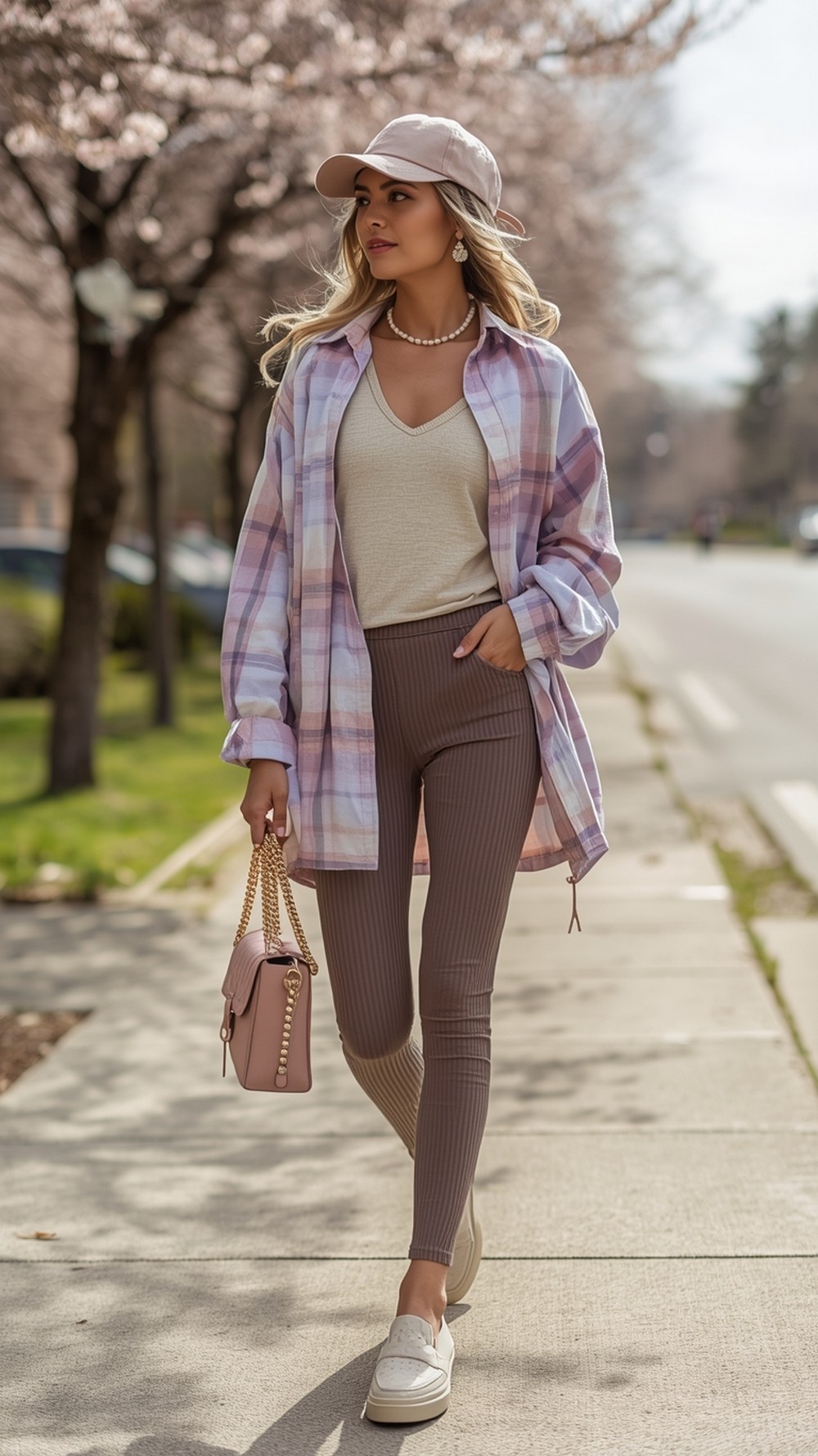 Taupe Ribbed Leggings with Pastel Plaid Overshirt